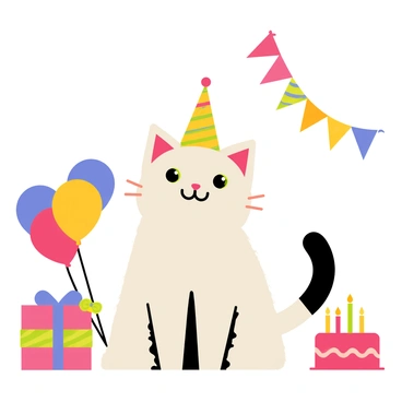 A cute cat wearing a colorful party hat sits in the center of the image. The cat has fluffy fur and bright green eyes, looking playful and happy. Surrounding the cat are various birthday decorations, including colorful balloons in shades of red, blue, and yellow, and a stack of presents wrapped in shiny paper with big bows. Streamers in vibrant colors hang from above, adding to the festive atmosphere. A small birthday cake with lit candles is placed nearby, completing the cheerful scene.