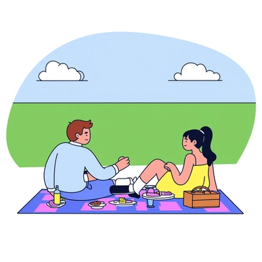A viewpoint overlooking a vast green field that stretches into the distance. In the foreground, a couple is sitting on a checkered picnic blanket. The man has a short brown hairstyle and is wearing a light blue shirt. The woman has long black hair tied in a ponytail and is dressed in a yellow sundress. Around them are various picnic items: a wicker basket, plates of food, and a bottle of sparkling water. The sky above is clear with a few fluffy white clouds scattered.