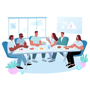 A group of employees is sitting around a large, rectangular table in a modern office cafeteria. There are three men and two women, each engaging in conversation as they share a variety of colorful lunch dishes. One woman is holding a bowl of salad, while a man next to her has a plate with a sandwich and fruit. Another employee is sipping from a drink container. The interior of the cafeteria features sleek furniture and large windows letting in natural light. Potted plants are placed around the space, adding a touch of greenery. On the walls, there are contemporary art pieces, enhancing the vibrant atmosphere of the cafeteria.