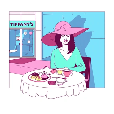 A woman wearing a large, elegant hat is sitting at a round table set outside a Tiffany's store. The hat has a wide brim and is adorned with a ribbon, adding to the glamorous look. She has a bright smile as she enjoys a breakfast spread that includes a plate of pastries and a cup of coffee. The tablecloth is white, contrasting with the colorful food. In the background, the iconic Tiffany’s storefront is visible, showcasing the signature blue color of the brand. Sunlight is gently illuminating the scene, enhancing the cheerful atmosphere.