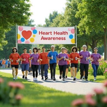 A group of diverse people of varying ages walking together in a vibrant park. They are wearing bright athletic clothing, with some in purple, others in red, and a few in blue. Each person carries a small water bottle for hydration. The park is filled with lush green grass, blooming flowers in various colors, and tall trees providing shade. Some people are chatting and smiling while others look focused on their walk. A large banner reading "Heart Health Awareness" is displayed in the background, surrounded by colorful balloons.