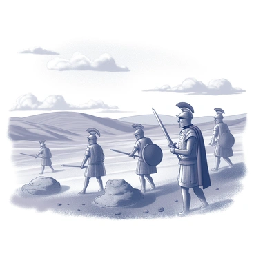 A vast landscape depicting a battlefield outside "Thebes." The scene features rolling hills in the background, dotted with rugged terrain. In the foreground, several soldiers are positioned, each wearing "ancient armor" that displays intricate designs and textures. Their helmets are adorned with plumes, and swords or shields are visible in their hands. Dust swirls around them, suggesting recent movement and tension in the air. The sky above is filled with clouds, hinting at an impending storm, which adds a dramatic tone to the scene.