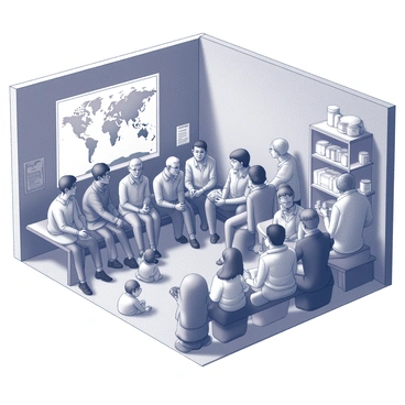 A crowded public bomb shelter filled with a variety of people. There are men and women of different ages and ethnicities gathered in small groups, engaged in serious discussions about the threat of nuclear war. Some people are seated on benches, while others stand, leaning against the concrete walls. A few children sit on the floor, playing quietly with toys. The shelter is dimly lit, and the air is tense. Makeshift shelves hold supplies like bottled water and canned goods, adding to the utilitarian atmosphere. In one corner, a large map of the world is pinned to the wall, with various notes and markings indicating zones of concern.