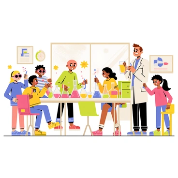 A lively science classroom filled with children actively engaged in a colorful experiment. The room is brightly decorated with various science posters on the walls. In the center, a large table is covered with glass beakers filled with vibrant liquids in shades of red, blue, and green. Some children are wearing goggles, while others are holding pipettes and stirring sticks. There is a bubbling reaction in one of the beakers, creating a frothy mixture that captures the attention of the students. A teacher stands nearby, smiling and guiding the children as they explore their scientific curiosity.