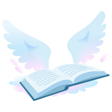 An open book is lying on a smooth surface, with its pages visibly fluttering as they begin to transform into angel wings. The pages are detailed with text and illustrations, gradually morphing into delicate, feathery wings that extend outward. The wings have a soft gradient of pastel colors, transitioning from light blues to gentle pinks. The background is softly blurred to emphasize the book and wings.