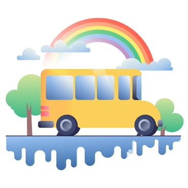 An electric school bus with a vibrant yellow exterior is driving down a wet road. The bus has large windows reflecting the colorful surroundings. Above the bus, a bright, colorful rainbow arcs across the sky, featuring bands of red, orange, yellow, green, blue, and purple. The ground is glistening with rainwater, showcasing puddles that mirror the rainbow. In the background, there are green trees and a few fluffy white clouds scattered across the blue sky. The scene captures the freshness following the rainstorm.