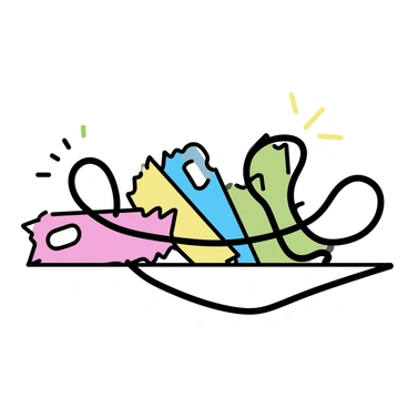 A collection of velcro hooks and loops, with various colors including red, blue, yellow, and green. The hooks are depicted in a jagged texture, while the loops appear soft and rounded. They are intertwined playfully, creating a dynamic arrangement on a flat surface. The background is simple to emphasize the vibrant colors of the velcro pieces.