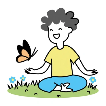 A child with curly hair wearing a bright yellow t-shirt is sitting in a grassy meadow. The child has an expression of joy on their face, smiling widely. In front of them, a colorful butterfly with orange and black wings is gently landing on their open arms. The surrounding meadow is filled with green grass and scattered wildflowers, creating a vibrant and playful atmosphere.