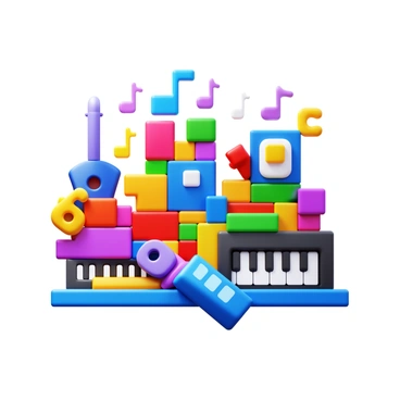 A collection of musical notes, crafted from colorful digital blocks, arranged in an artistic composition. The scene includes various musical instruments, such as a guitar and a piano, also constructed from digital blocks. The blocks vary in size and shape, creating a visually interesting mosaic that symbolizes the concept of music distribution. Each instrument and note is positioned to form a harmonious balance within the overall arrangement.