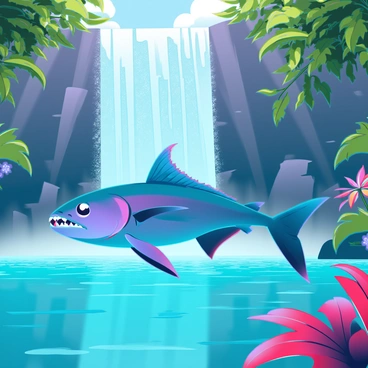A piranha with sharp teeth and vibrant, shimmering scales is swimming gracefully in a clear blue river. It has a streamlined body, with a powerful tail propelling it through the water. In the background, a majestic waterfall cascades down jagged rocks, creating a mist that sparkles in the sunlight. Lush green foliage surrounds the riverbank, with tropical plants and colorful flowers adding vivid splashes of color to the scene. The sunlight filters through the leaves, casting dappled shadows on the water's surface.