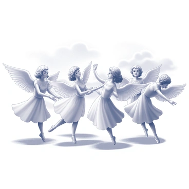 A group of angels is performing a ballet dance. Each angel has large, detailed wings and is wearing flowing garments that accentuate their graceful movements. They are arranged in various poses, showcasing an elegant choreography. The setting features fluffy clouds, creating a soft backdrop, with hints of light radiating from above, illuminating their forms. Their expressions reflect focus and joy as they dance together in harmony.