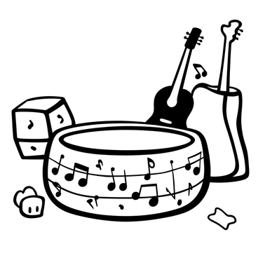 A dog bowl featuring "whimsical musical notes" and "instruments" intricately etched around the exterior. The bowl sits on a wooden surface, with a few scattered "bone-shaped" treats beside it. In the background, various musical instruments like "a guitar" and "a trumpet" are leaning against a wall, contributing to the playful theme. The scene is illuminated, highlighting the details on the bowl and the texture of the wooden surface.