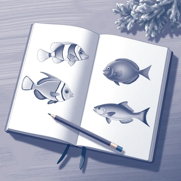 An open sketchbook lies flat on a wooden surface. Each page is filled with intricate drawings of various fish species. The drawings include a detailed depiction of a clownfish with pronounced stripes, a regal blue tang with its distinct shape, and a graceful angelfish showcasing its fins. Each fish is illustrated with attention to scales and fin textures, capturing their unique features. The surrounding area includes a pencil resting beside the sketchbook, and a faint outline of a seaweed plant in the corner of one page adds context to the aquatic theme.