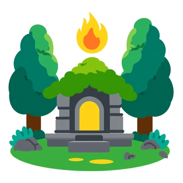 An ancient stone shrine covered in green moss and intricate carvings stands proudly in the center of the image. Above the shrine, a glowing mystical fireball hovers, radiating vibrant shades of orange and yellow. The fireball's light casts an ethereal glow on the shrine, illuminating the details of the carvings and creating soft shadows on the ground. Surrounding the shrine, tall, lush trees frame the scene, their leaves shimmering in the warm light. The atmosphere is filled with a sense of wonder and magic.
