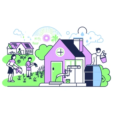 An illustration depicting various methods to conserve water in homes and communities. In the foreground, there is a home with a rainwater harvesting system, featuring a large barrel collecting rainwater from the roof. Beside the home, a garden is visible with a drip irrigation system in place, watering plants efficiently. On the left, a community park shows people using a water-efficient sprinkler system, with a sign that reads "Water Conservation Awareness." In the background, solar panels are installed on rooftops, symbolizing sustainable energy use. A few children are seen using a bucket to collect water for outdoor activities, demonstrating practical water use management.