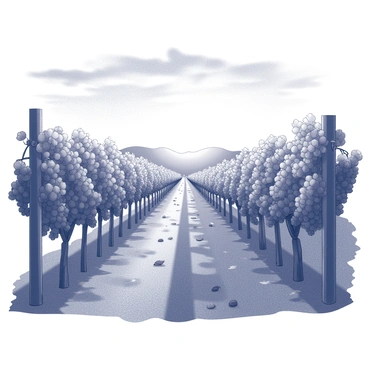 A vineyard at dusk, with rows of grapevines extending into the distance. The grapevines are heavy with clusters of grapes, showcasing their rich textures. The sky is filled with wispy clouds, subtly indicating the change of day as the sun sets. Silhouettes of distant hills can be seen, adding depth to the landscape. The ground is slightly uneven, covered with rich soil and occasional fallen leaves, enhancing the natural feel of the vineyard. Light from the setting sun casts elongated shadows across the vines, creating a dramatic contrast.
