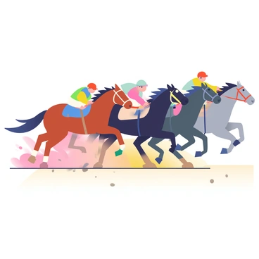 A dynamic scene captures a group of four racing horses galloping along a dirt track, kicking up clouds of dust behind them. The horses are in various colors: a chestnut, a black, a bay, and a gray, each adorned with colorful racing silks. Their manes and tails are flowing back, emphasizing the speed of their movement. Behind them, the trail is marked with a swirling gust of dust and small pebbles being disturbed, showcasing the intense action of the race. The horses' hooves are striking the ground powerfully, creating a sense of urgency and momentum as they race toward the finish line.
