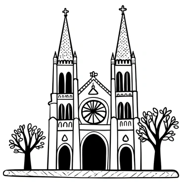 A grand cathedral rising into the sky, showcasing intricate gothic architecture. Tall spires extend upwards, adorned with elaborate carvings and pointed arches. The façade features detailed sculptures and ornate gargoyles perched on ledges. Large stained glass windows, depicted in black and white, are framed by delicate stone tracery. The surrounding ground is paved with cobblestones, leading up to the cathedral’s entrance, which is emphasized by prominent double doors. Flanking the structure are tall trees with sprawling branches, adding to the imposing presence of the cathedral.