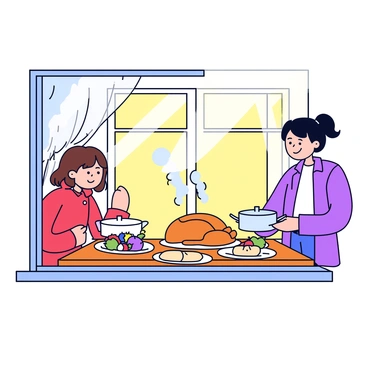 A little girl with brown hair, wearing a red coat, is peering through a frosted window. Her breath creates small clouds on the glass. Inside, there is a warm family dinner scene with a wooden table set for four. A steaming pot is on the table, and a golden-brown roast chicken is the centerpiece. There are plates with colorful vegetables and a basket of bread. Warm light spills from the room, illuminating the smiling faces of a mother and father as they serve food.