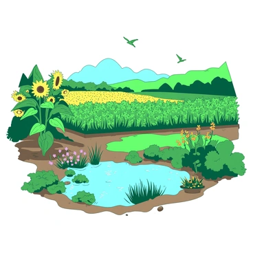 A rich green permaculture farm is filled with diverse crops, including rows of vibrant yellow sunflowers and lush green leafy vegetables. In one corner of the farm, there is a small pond surrounded by an assortment of colorful plants. The pond is clear, reflecting the blue sky above, and serves as an irrigation source for the surrounding crops. The landscape is dotted with patches of orange herbs and small spaces of flowering plants, creating a harmonious and productive environment. Birds can be seen flying over the farm, contributing to the lively atmosphere.