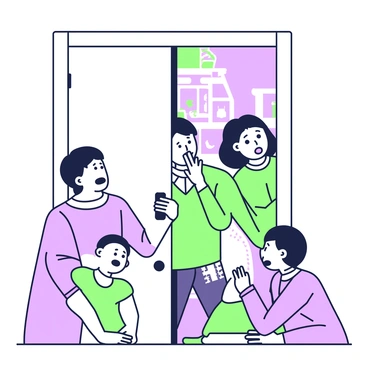 A family is grouped closely around a slightly ajar bedroom door, their expressions revealing shock and surprise. The family consists of four members: a father with a surprised look, a mother covering her mouth in disbelief, a teenage daughter with wide eyes, and a younger son peeking curiously from behind his sister. The door is framed by soft light spilling into the hallway, highlighting the contrasting shadows. Inside the room, various colorful toys and decorations are visible, but the exact contents remain obscured, leaving a sense of mystery about what they are witnessing. The scene captures a moment frozen in time, filled with curiosity and emotion.