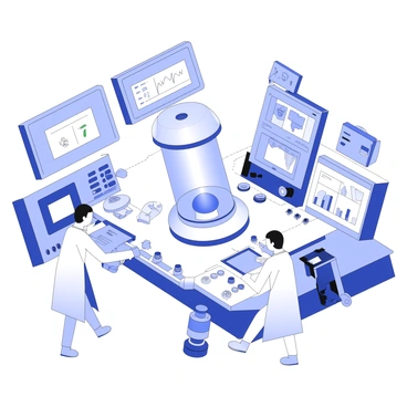 A futuristic lab setting focused on plasma research. In the center, a large plasma containment chamber is visible, surrounded by advanced scientific equipment, including digital screens displaying data and graphs. Two scientists are collaborating, one examining a glowing plasma sample with specialized tools, while the other is inputting data on a sleek touchscreen interface. There are illuminated control panels with various buttons and switches, and complex machinery in the background. The lab is filled with metallic surfaces and an array of high-tech apparatuses, all arranged methodically.