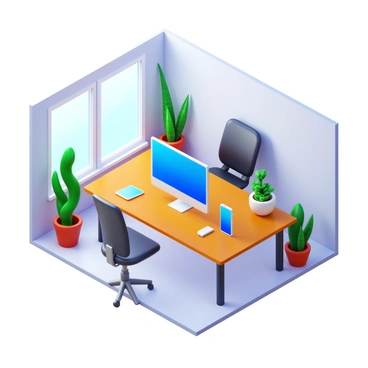 An isometric view of a modern home office featuring a sleek wooden desk with a high-end computer and a large monitor. A smartphone and a tablet are placed beside the computer. The office chair is ergonomic and stylish. Various indoor plants, including a tall snake plant and a small succulent, add greenery to the space. A large window lets in natural light, illuminating the room. The walls are painted in a soft color, creating a calming atmosphere.