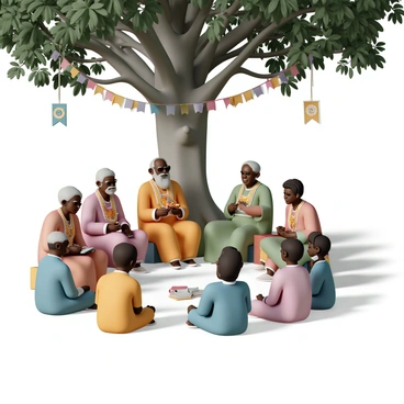 A group of elders, dressed in traditional ornate garments, are sitting in a circle outdoors under a large tree. Each elder is holding a beautifully crafted artifact symbolizing their culture. A few young people, wearing colorful clothing, sit attentively around them, listening closely. The elders are gesturing with their hands, sharing stories while some young ones take notes. The sunlight filters through the leaves of the tree, creating dappled light patterns on the ground. In the background, there are banners and decorations that represent various cultural symbols.