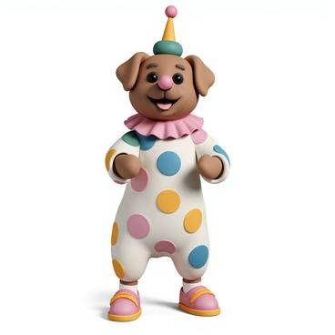 A dog, wearing a colorful clown costume that includes a bright red nose, oversized shoes, and a multicolored polka dot outfit, stands on its hind legs. The dog's fur is fluffy and brown, and it has a big smile on its face, revealing its tongue. The clown costume features ruffled collar and sleeves, adding to its playful appearance. The background is a simple, unobtrusive color to highlight the dog's cheerful expression and colorful attire.