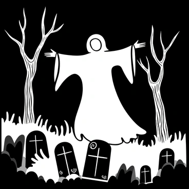 A ghostly figure in a flowing, tattered white robe with its arms extended, drifting through a dark, misty graveyard at night. Surrounding the figure are weathered tombstones with intricate carvings partially obscured by a thick layer of fog. Gnarled trees with twisted branches stand tall in the background, their silhouettes merging with the night sky. A faint, eerie glow emanates from the figure, illuminating the ground beneath it. Wisps of mist curl around the base of the tombstones, enhancing the haunting atmosphere.