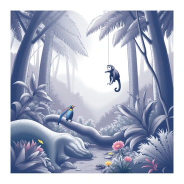 A dense rainforest filled with a variety of tropical plants and large, leafy trees towering overhead. The foliage creates a rich canopy that filters light, casting intricate shadows on the forest floor. Various animals are present, including a monkey swinging from a branch, a colorful bird perched on a nearby vine, and a small reptile resting on a moss-covered log. The plants and animals exhibit forms and patterns that subtly incorporate exosome shapes, blending seamlessly into the natural environment. The ground is covered with fallen leaves and occasional bursts of vibrant flowers peeking through the greenery.