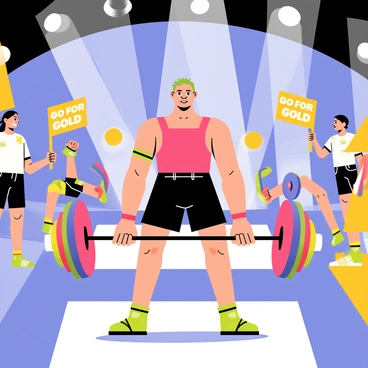 A weightlifting competition scene featuring a contestant performing a barbell squat. The contestant is a muscular individual with a determined expression, wearing a bright red tank top and black shorts. The barbell is loaded with colorful weights, and the contestant has a firm grip on the bar, positioned across their shoulders. Surrounding the contestant, there are spectators cheering enthusiastically, holding up banners that read "Go for Gold!" The competition stage is set with bright lights shining down, highlighting the intense moment. In the background, other competitors are preparing for their lifts, creating a dynamic atmosphere.