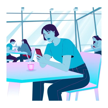 A person with medium skin tone and short black hair is sitting at a sleek café table. They are wearing a casual blue t-shirt and dark jeans. A steaming coffee cup sits beside them on the table. The person is leaning slightly forward, their eyes focused intently on the smartphone in their hands. The background features other café patrons and modern furniture, creating a lively atmosphere. The sunlight filters through large windows, casting soft shadows on the table.