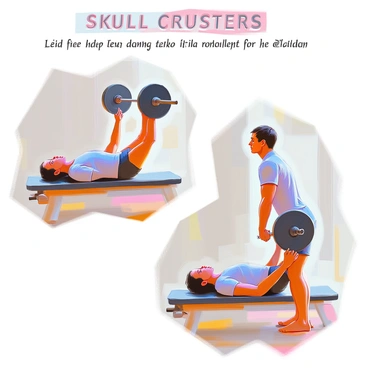 A step-by-step visual guide illustrating the correct form for "skull crushers." The first image shows a person lying on a flat exercise bench, holding a barbell above their chest with arms fully extended. The individual has short hair and is wearing a fitted workout shirt and shorts. The second image captures the same person bending their elbows to lower the barbell toward their forehead while maintaining a controlled movement. The arms are at a 90-degree angle, and the person's feet are flat on the floor. The final image depicts the individual pressing the barbell back to the starting position, arms extended, demonstrating proper form and control throughout the exercise.
