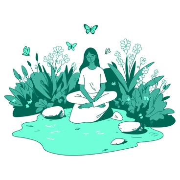 A teal garden filled with blooming flowers of various colors surrounding a small pond. In the center, a person with closed eyes is sitting cross-legged on a white stone. The person's hands are resting on their knees, and they are wearing comfortable white clothing. The pond reflects the vibrant flowers and the clear sky above, enhancing the serene atmosphere of the scene. Butterflies of different colors flit around the garden, adding to the lively yet peaceful setting.