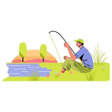 A solitary fisherman sitting on a grassy riverbank. He has short, brown hair and is wearing a green cap and a blue shirt. The fisherman holds a fishing rod with a line cast into the calm water, which reflects the soft light of the setting sun. Surrounding him are tall green grasses and a few wildflowers, adding color to the scene. His expression is peaceful and contemplative, as he gazes into the water, lost in thought. In the background, a few trees frame the river, and the sky is a gradient of warm colors as the sun begins to set.