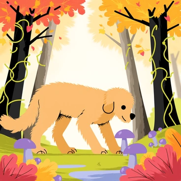 A goldendoodle with fluffy fur is exploring a mystical forest. The trees surrounding the goldendoodle are tall and have trunks covered in twisting vines. Vibrant autumn leaves in shades of orange, red, and yellow are scattered across the ground and hanging from the branches. Sunlight filters through the canopy, creating dappled light on the forest floor. The goldendoodle has a curious expression as it sniffs at a cluster of purple mushrooms nearby. A small stream can be seen in the background, reflecting the colorful leaves overhead.