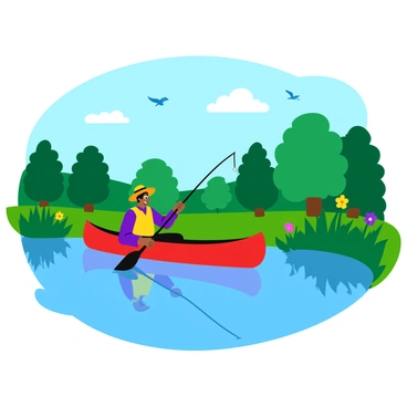 An angler in a bright red canoe is casting a fishing line into a calm pond. The angler wears a yellow fishing vest and a wide-brimmed hat. The water reflects the clear blue sky above. Lush green trees and tall grasses surround the pond, with some colorful flowers peeking through the foliage. In the background, a few birds can be seen soaring above the trees.