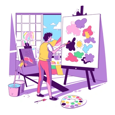 An artist experimenting with different flat illustration styles on a large canvas in their studio.