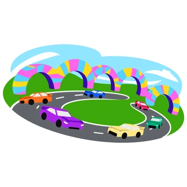 A race track with cars driving under archways made of pastel-colored Easter eggs