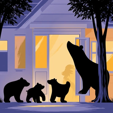 The silhouette of "Goldilocks" is displayed against the wall of a quaint cottage. The scene is set at twilight, with soft shadows creating a dramatic effect. "Goldilocks" has long, flowing hair and is depicted in a curious pose, peering towards the entrance of the cottage. In the foreground, three bears are approaching the cottage, each with distinct features: a large, imposing bear, a medium-sized bear, and a small, playful bear. The background showcases a cozy cottage with a thatched roof, adding to the atmosphere of the scene. A few trees are visible, their branches swaying gently in the evening breeze.