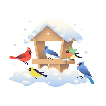 A bird feeder is situated in the center of the image, completely covered in white snow. The feeder is made of wood with a sloped roof. Colorful birds are perched on the edges and around the feeder. There are a bright red cardinal with a distinctive crest, a yellow goldfinch with black wings, and a blue jay with vibrant blue and white plumage. The surrounding area is blanketed in fresh snow, and small snowflakes are gently falling from the gray sky. The scene captures a peaceful winter moment with the birds looking lively against the snowy backdrop.