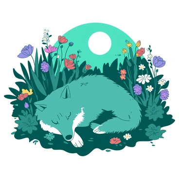 A teal werewolf is lying peacefully in an overgrown garden filled with various wildflowers. The moonlight casts a soft glow over the scene, illuminating the werewolf's fur, which shimmers in the light. Surrounding the werewolf, the wildflowers bloom in a mix of colors, creating a vibrant and lush environment. The garden is dense with greenery, and the full moon hangs high in the night sky, adding to the serene atmosphere. The werewolf's eyes are closed, and it appears tranquil, nestled among the foliage and flowers.