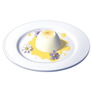 A dessert on a white plate, elegantly arranged with yuzu mousse at the center. The mousse is smooth and creamy, topped with a delicate sprinkle of citrus zest. Surrounding the mousse are small edible flowers, adding visual interest and texture. The plate is garnished with a few additional swirls of yuzu sauce, enhancing the overall presentation of the dish.