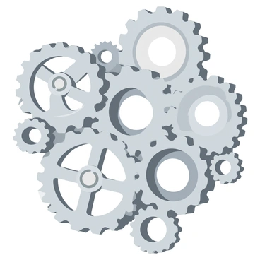 A series of metallic mechanical gears interlocking seamlessly to create a complex, abstract pattern. The gears vary in size, with some large and prominently featured, while others are smaller and intricately detailed. Each gear has a shiny silver surface with visible teeth and engravings, reflecting light in different directions. The background is a muted gray to emphasize the gleaming metallic surfaces of the gears, creating a dynamic and visually engaging composition.