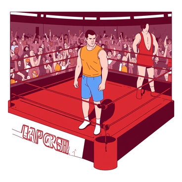 A red wrestling ring is set up in a packed arena, with fans cheering in the background. In the center of the ring, "John Cena" is standing with a determined expression, muscles tensed and glistening under the lights. He is wearing his signature wrestling attire, which consists of blue shorts and a bright orange t-shirt. The lighting casts dramatic shadows across the ring, highlighting the intensity of the moment. His opponent, a tall figure, is seen in the background, preparing for the next move. "Championship belt" is prominently displayed on a nearby turnbuckle, emphasizing the stakes of the match.