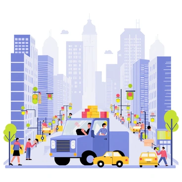 A transport driver sitting in a blue delivery truck. The truck is driving along a busy city street filled with tall skyscrapers in shades of gray and glass. Numerous pedestrians are walking on the sidewalks, while yellow taxis are zooming past. The truck has its back open, revealing boxes and packages stacked neatly inside. Traffic lights and street signs are visible, along with colorful storefronts lining the road. The sky is a bright blue with a few fluffy clouds.