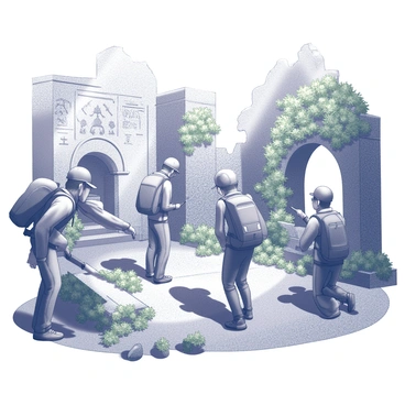 A group of four expedition team members is exploring ancient ruins. The ruins consist of a crumbling stone structure with intricate carvings barely visible beneath layers of vines and moss. The team members are dressed in rugged outdoor gear, equipped with backpacks and flashlights, as they examine the site. One team member is kneeling down, brushing away moss to reveal a carved surface, while another is pointing toward a partially collapsed archway covered in dense foliage. Sunlight filters through the surrounding trees, casting dappled shadows on the ground, emphasizing the age and mystery of the ruins.