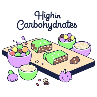 A collection of energy bars arranged on a wooden cutting board. Each bar is uniquely shaped and has visible inclusions of oats, nuts, and dried fruits. In the center, a bar is broken in half, revealing the chewy texture and mixture of ingredients inside. Around the bars, there are small bowls filled with loose oats, a variety of nuts, and colorful dried fruits. Above the collection, in decorative lettering, the phrase "High in Carbohydrates" is prominently displayed. The entire scene is illuminated by soft, natural light, emphasizing the textures and details of the energy bars.