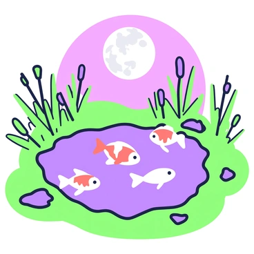 A nighttime pond is illuminated by soft moonlight. The surface of the water is calm, reflecting the silvery glow of the moon. In the pond, several guppies swim gracefully, their delicate fins radiating in the light. The guppies vary in size and shape, with some displaying vibrant patterns. Surrounding the pond, lush green plants and reeds gently sway in the night breeze, adding to the tranquil atmosphere. The scene is serene, highlighting the beauty of nature under the moonlit sky.